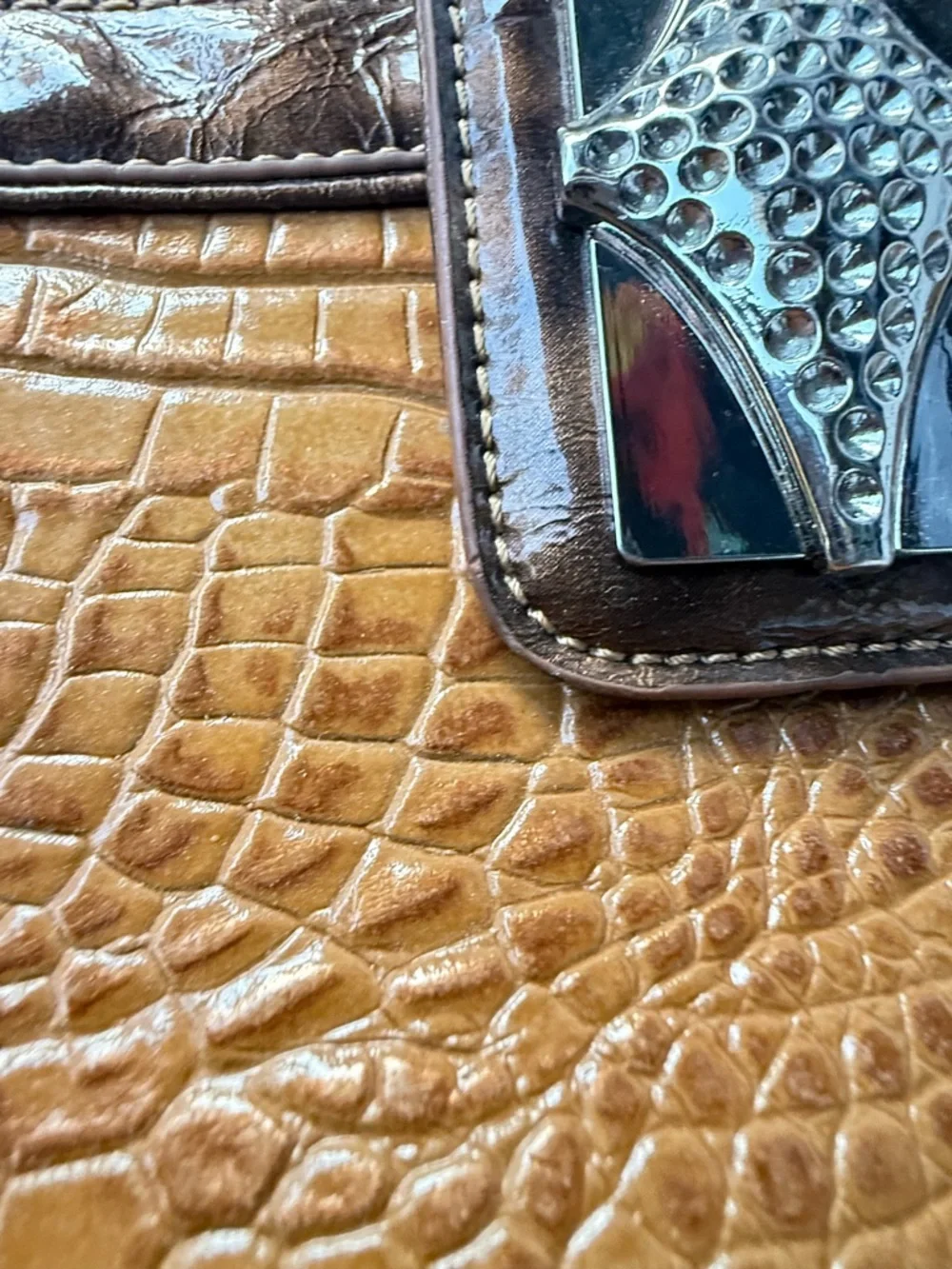 Marc Shantel Brown Faux Crocodile Embossed Crossbody Bag Silver Flap